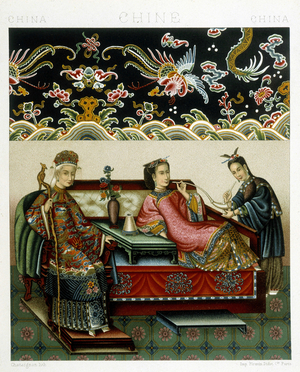 Costume of the Chinese Impress. Chromolithographic plate - in “” Le costume historique”” by Racinet, 1876.