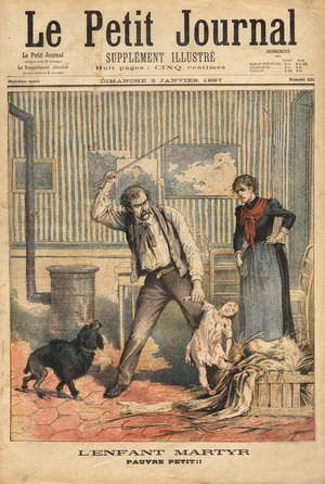 Un enfant de 2 ans a succombe aux coups de son pere, la femme terrorisee par son amant n'est pas intervenue, le corps de l'enfant, couvert de plaies et de fractures diverses, a ete abandonne a la porte de Paris.  Gravure in ""Le petit journal"" 3/01/1897. Collection Selva. 