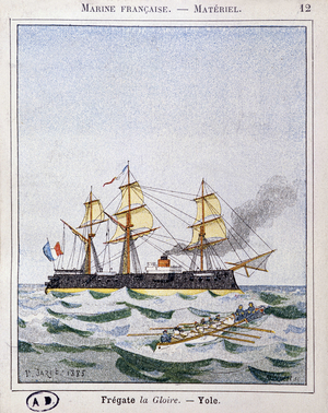 Frigate "La Glory", Yole - French marine series, drawing by P. Jazet, chromo., 1885