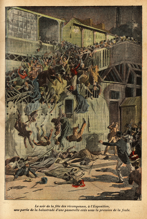 On the evening of the awards party, which marks the end of the activities for the World Expo, a walkway cede under the pressure of the number of visitors. Engraving in "Le pelerin" 2/09/1900. Selva Collection.