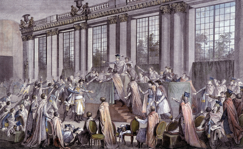 Journée de Saint Cloud, le 18 brumaire an 8 (Coup d'Etat de Bonaparte) dans la salle du Conseil des Cinq-Cents (Cinq Cents) (salle des 500)