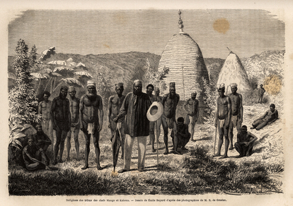 Chief Mango, whose Kone tribe was weakened by successive attacks by the mountain tribes, found refuge in Gatope, on the coast by a friendly people led by Chief Kahoua (with hat and umbrella). Engravure pour illustrrer le voyage à la Nouvelle Caledonie, by Jules Garnier, civil engineer of mines, in 1863-1866, published in “Le tour du monde, nouveau journal des voyages”, edited by Edouard Charton, 1868, Paris. Selva Collection.