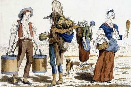 illustration of Paris costumes in the 18th century: water carrier, merchant of melons, chiffonnier, merchant of pleasures.