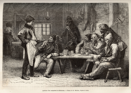 L'interieur d'un campement de woodcherons dans l'Ontario, engraving after a drawing by D.Maillard, illustrating the excursion to Canada and to the Riviere Rouge du nord, by H. De Lamotte, in 1873, published in “” Le tour du monde””” 1875, edited by Edouard Charton, Hachette edition, Paris. Selva Collection.