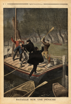 On the Quai de Seine, at Courbevoie, after trying to buy, at very low prices, the load of coal from a peniche, two criminals dock with a boat to steal the coal, but service agents on the wharf intervene and a battle with sword and rowing ends the delit. Engraving in "Le petit journal" 5/1/1902. Selva Collection.