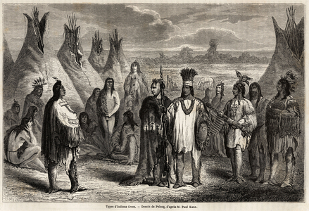 Types of Crees Indians of Canada, drawing by Pelcoq, to illustrate the exploration of the Rocky Mountains in 1857-59 by Captain John Palliser. Engraving in “” Le tour du monde, nouveau journal des voyages”” Paris, 1860. Selva's collection.