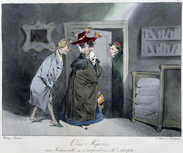Une méprise: “” No, mademoiselle, c'nest pas ici Monsieur Rodolphe”” - in “” Esquisses parisiennes”” by Henri Monnier, ed. Delpech, Paris, 1827