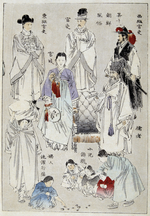 Korea: traditional costumes of the nobles - Japanese print, 19th century