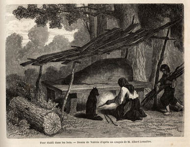 Four etabli dans les bois pour la fabrication du pain, destines aux nombreux bucherons occupes aux travaux de la foret pendant toute la journee, l'entretien et l'usage du four est fait par les femmes et les enfants. Gravure pour illustrer les souvenirs de voyage chez les slaves du sud, par Georges Perrot, en 1868, publie dans "" Le tour du monde"" 1870-1871, sous la direction d'Edouard Charton, edition Hachette, Paris. Collection Selva. 