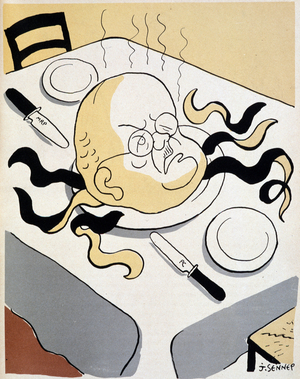 Potato in a dressing gown: cartoonish portrait of Jacques Duclos in potato - in “Departure à zero”, drawings by Sennep