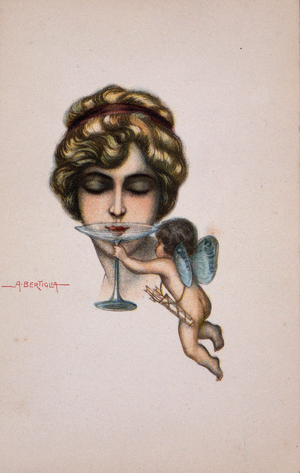 Young woman has the glass of champagne and angelot - postcard, deb. 20th century illustration of A. Bertiglia