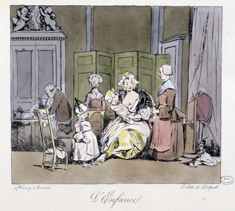 Nourrice, domestiques, bébé et enfant dans l'aristocratie du XVIIIème siècle - in ""Jadis et aujourd'hui"" par Henri Monnier, éd. Delpech, Paris, 1827