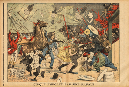 A fairground circus, settled in Saint Etienne, sees its capiteau and all its technical material carried away by the tempete in the middle of the performance, artists in show clothes struggling between the elements of chains and the frightened animals. Engraving in "Le petit journal" 12/4/1903. Selva Collection.