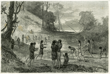 Javelin games between 2 tribes of Zaparros, men practice and women ride around the players without fear and serve them drinks, 19th century (engraving)