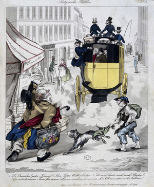Man press missing the Omnibus. Cartoon made around 1840