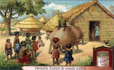 Poupées et jouets exotiques : Guignol chez les enfants polynésiens. Chromolithographie des produits Liebig.