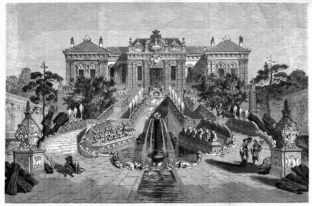 Haiyan Tang Pavilion has Western architecture in Ete Palace in Pekin (Beijing). Engraving after a drawing by Therond, in “” Le Tour du Monde, Nouveau journal des Voyages””, edited by Edouard Charton, Paris, 1864.