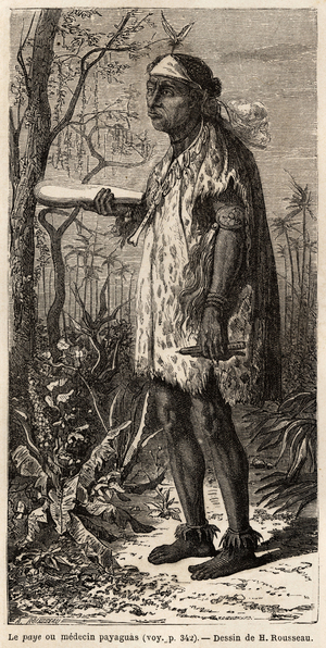 The pay, or physician of the tribe, equipped with his medical instruments and depicts with his attributes: creams of feathers on the head, shell necklace and nail bracelets on the wrists and ankles, drawing by H.Rousseau, to illustrate the journey to Paraguay from 1844 to 1847 by Dr. Alfred Demersay. Engraving in “” Le tour du monde””, edited by Edouard Charton, 1865. Selva's collection.