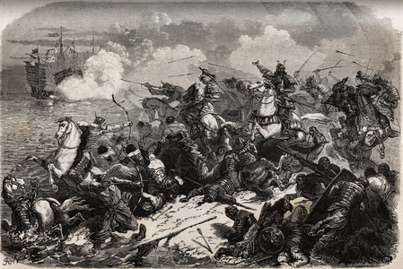 Yori Omo and a samurai army repel the invasion of the Mongols in 1274 led by Qubilai (Kubilai Khan, first emperor of the Mongolian Yuan dynasty (1215-1294), but typhoons (kami kaze: wind of the gods) repel and capsize the Mongolian fleet, sparing the Japanese soil and generates the a true belief in protection divine of Japan. Engraving to illustrate the voyage to Japan in 1863-1864, by Aime Humbert, minister of the Swiss Confederation, in “Le tour du monde, nouveau journal des voyages”, published under the direction of Edouard Charton, 1866, Paris. Selva Collection.