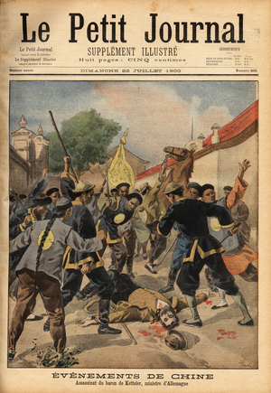 The assassination of Baron de Ketteler, a German diplomat in Pekin, while riding the street on horseback, he was assaulted by boxers and massacred like many Europeans during this period of radical xenophobia. Engraving in "Le petit journal" 22/7/1900. Selva Collection.