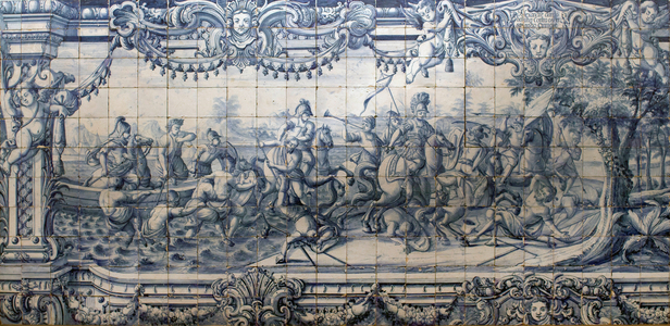 Alexander the Great (356-323 BC) fighting the Persians - Plaque d'azulejos de Lisbon, ca. 1745 (Alexander fighting the Persians, tiles, Lisbon, circa 1745) - National Museum of Azulejos, Lisbon (Portugal) Â