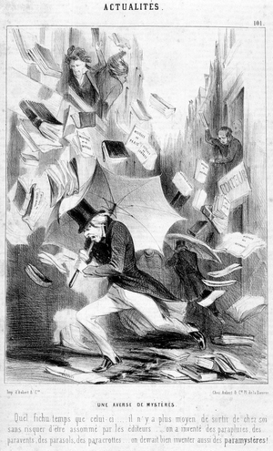 A showdown of mysteries: cartoon on “” The mysteries of Paris””, published on soap opera by Eugène Sue - in “” Le Charivari”” from 16/02/1844