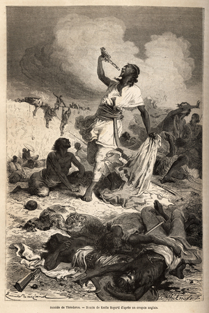 The suicide of the Emperor (negus) of Ethiopia Theodoros II (Tewodros) (circa 1818-1868), on April 13, 1868, after the capture of Magdala by the English, where the negus had retreated. Engraving to illustrate the story “” les captifs de Theodoros””, by Doctor Henry Blanc, in 1866-1868, published in “” Le tour du monde””” 1869, edited by Edouard Charton, edition Hachette, Paris. Selva Collection.