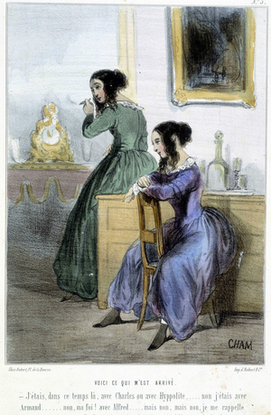 Here's what happened to me (conversation of women volages) - in “” Madeleines”” by Cham, v.1870-1880