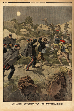 Customs officers attacked by smugglers on the border of Andorra, the bandit fleeing abandon their cargoes. Engraving in “” Le petit journal”” 10/12/1899. Selva Collection.