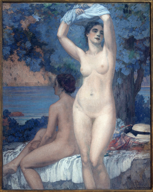 Two nudes in front of the sea. Painting by Pierre Magnan Bernard (1880-?) , oil on canvas, 1938, 160 x 130 cm. French Art, 20th century. Musee des beaux arts de Gaillac.