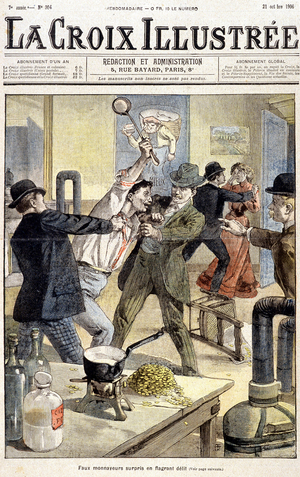 Counterfeiters caught in flagrante delicto, In La croix illustrée, le 21/10/1906 (engraving)