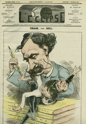 Cartoon by Amedee de Noe dit Cham (1818-1879), French cartoonist. Cover in “” L'Eclipse”” by Gill, December 27, 1874, Paris.