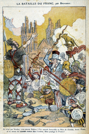 The Battle of the Franc (assailled by the dollar, the mark, the pound...) - by Brousset, in “” Le Pélerin””, March 1924
