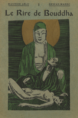 Buddha, front cover illustration of 'Le Rire de Bouddha' by Maurice Lelu and Erwan Marec, 1926, A l'Enseigne de l'Hermine, Dinard (colour woodcut)