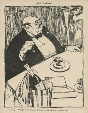 'Go ahead, we'll have ether later and you will forget it', illustration from 'L'Assiette au Beurre', 4th September 1909 (b/w litho)