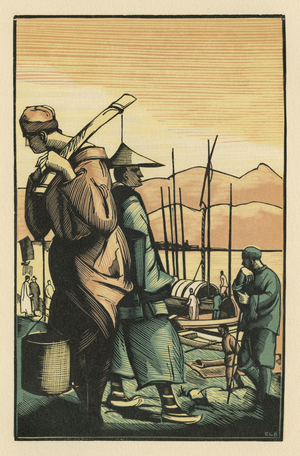 Harbour, illustration from 'Consolata fille du soleil' by Henry Daguerches (1876-1930) 1928, Librairie Lemercier, Paris (colour woodcut)