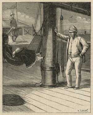 On deck, illustration from 'Les Contrebandiers d'Opium' by Pajol-Alard, engraved by G. Dascher (19th century) 1884, Librairie des Auteurs Modernes, Paris (engraving) (b/w photo)