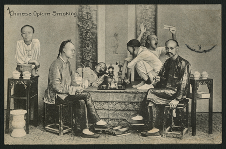 Postcard depicting Chinese smoking opium, c.1900 (b/w photo)