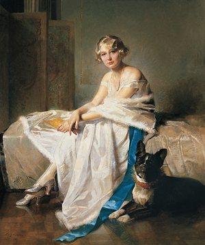 An elegant lady with her French bulldog in an interior, c.1925 (oil on canvas)