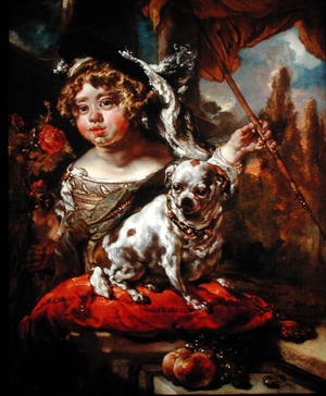 A Portrait of a Boy Wearing a Plumed Hat, Holding a Falcon and Spear, with a Pug Seated Before Him, 1675 (oil on canvas)