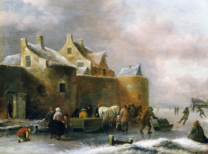 A Winter Landscape with Numerous Figures on a Frozen River Outside the Town Walls (oil on panel)