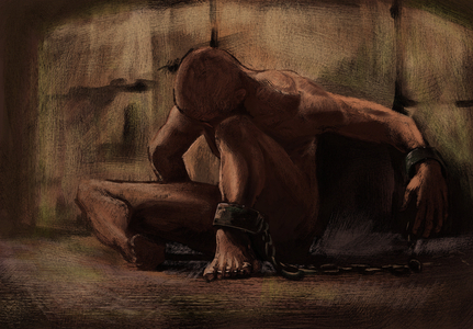 A slave imprisoned in a cell, the chain at the foot -