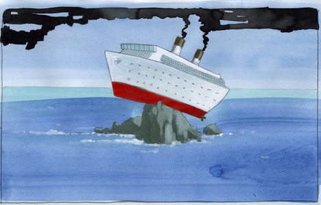 Ecology: Noah's arch as a pollutant cruise ship stranded on a reef Illustration by Alessandro Lonati