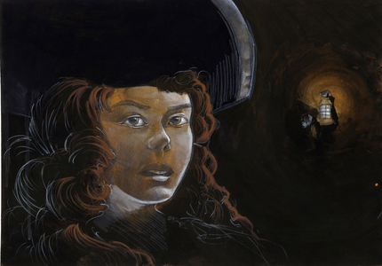 Portrait of a pirate woman (privateer) or sailor in the night, illuminated by another pirate's lantern. Colour drawing by Alessandro Lonati.