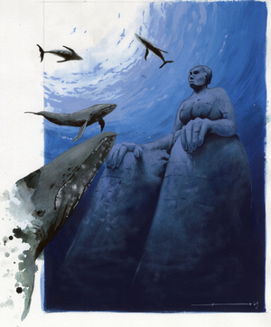 Illustration of the myth of the island disappeared under the Atlantis Sea: whales in the depths of the sea around the ruins of the legendary island. Colour drawing by Alessandro Lonati.