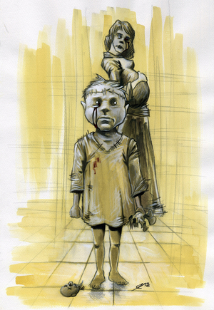 Illustration science fiction: zombies (spectrum) or ghost spirits, evoking the nightmare, shows a child with his skull sewn with a decapitee doll and in the background a pregnant mother. She looks like she had an accident too. Drawing by Alessandro Lonati
