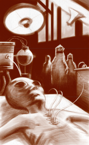 Fantastic Creature: an alien subjected to laboratory tests. Illustration by Alesandro Lonati. 2010