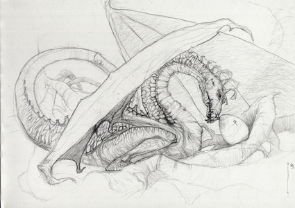 Fantastic Creature: a dragon protecting its egg. Pencil sketch by Alessandro Lonati