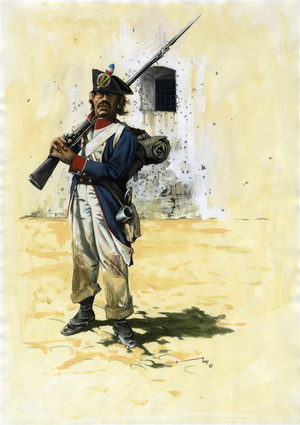 First Empire (1804-1804 and 1815): infantry soldier and gunner of the French infantry brigade of the great Napoleonic army in a fort. Drawing by Alessandro Lonati.