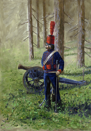 First empire: member of the revolutionary artillery near its cannon. Drawing by Alessandro Lonati